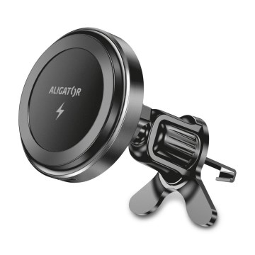Aligator AMS05BK - Magnetni avtomobilski nosilec za telefon z brezžičnim polnjenjem Qi 15W in podporo MagSafe, črna