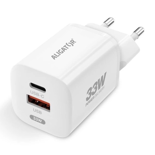 Aligator CHPD0020 - Hitri polnilec GaN Power Delivery 33W USB-A + USB-C bela