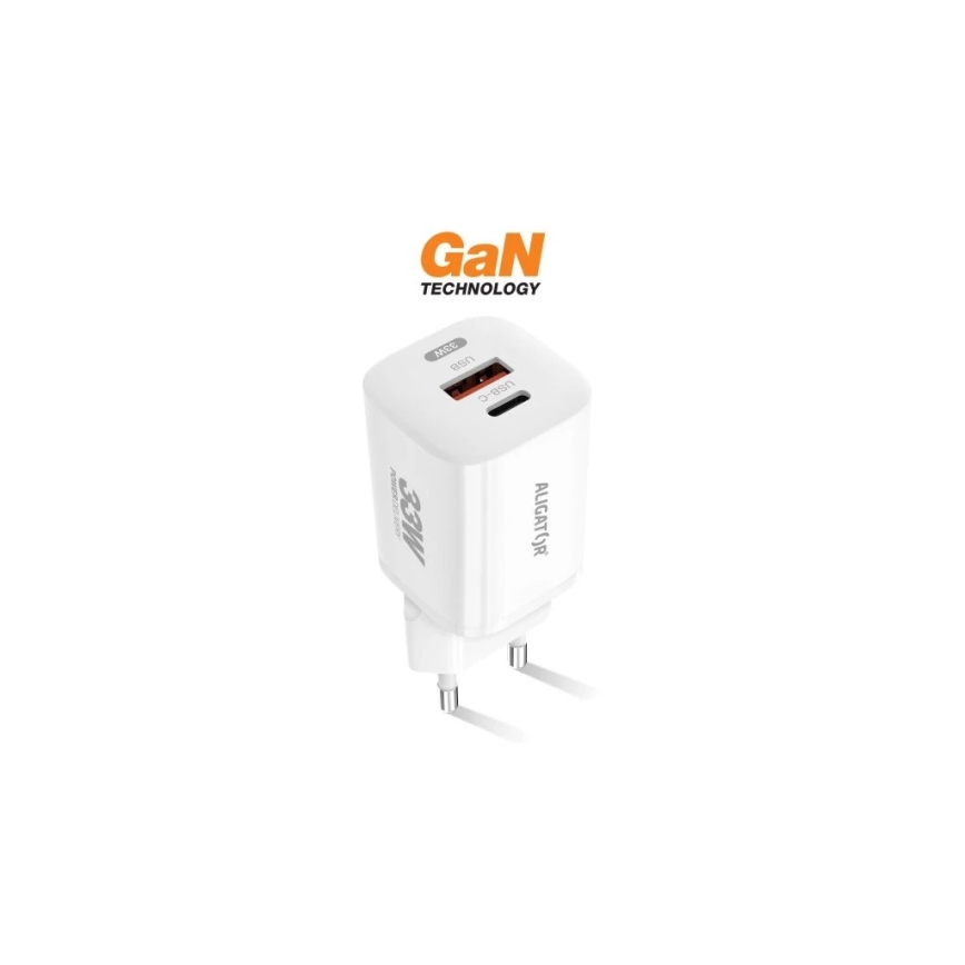 Aligator CHPD0020 - Hitri polnilec GaN Power Delivery 33W USB-A + USB-C bela