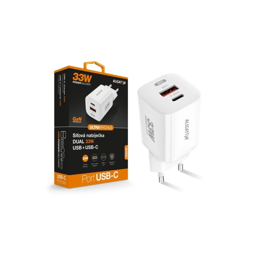Aligator CHPD0020 - Hitri polnilec GaN Power Delivery 33W USB-A + USB-C bela