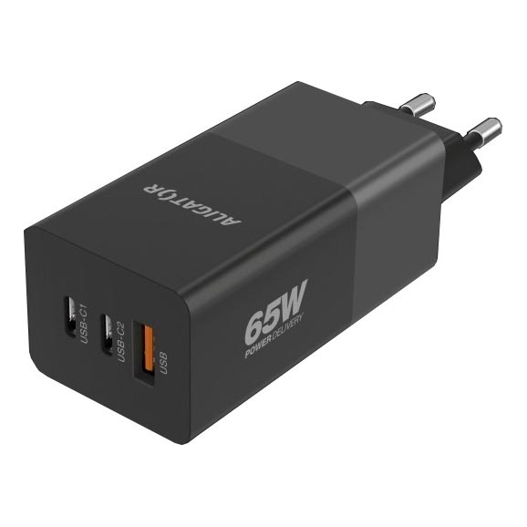 Aligator CHPD0027 - Hitri polnilni adapter GaN Power Delivery 65W 2xUSB-C + USB-A črna