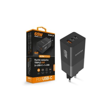 Aligator CHPD0027 - Hitri polnilni adapter GaN Power Delivery 65W 2xUSB-C + USB-A črna