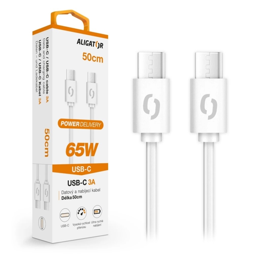 Aligator DATKP55 - USB kabel USB-C / USB-C 65 W Power Delivery 0,5 m, bela