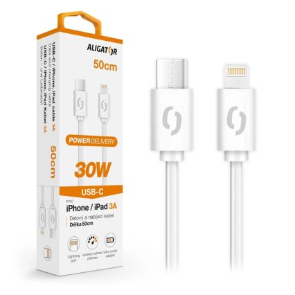 Aligator DATKP57 - USB kabel USB-C / Lightning 30W Power Delivery 0,5m bela