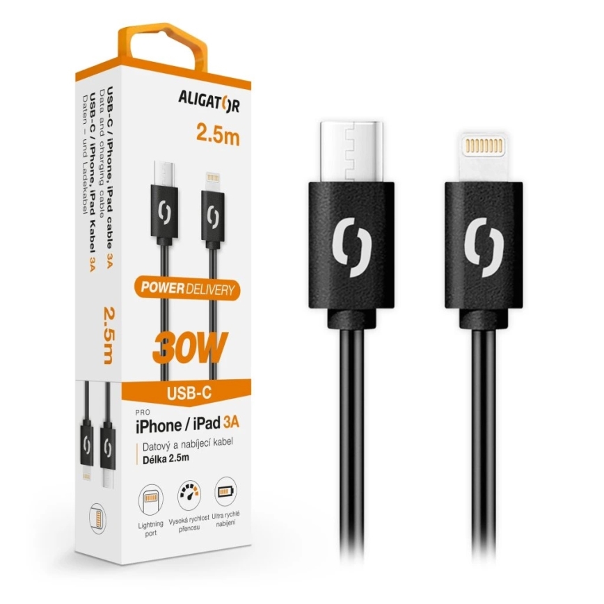 Aligator DATKP60 - USB kabel USB-C / Lightning, 30 W Power Delivery, 2,5 m, črna