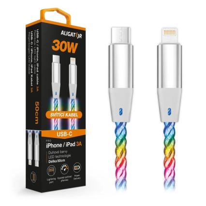 Aligator DATKP65 - USB kabel USB-C / Lightning z LED osvetlitvijo 30W Power Delivery 0,5m