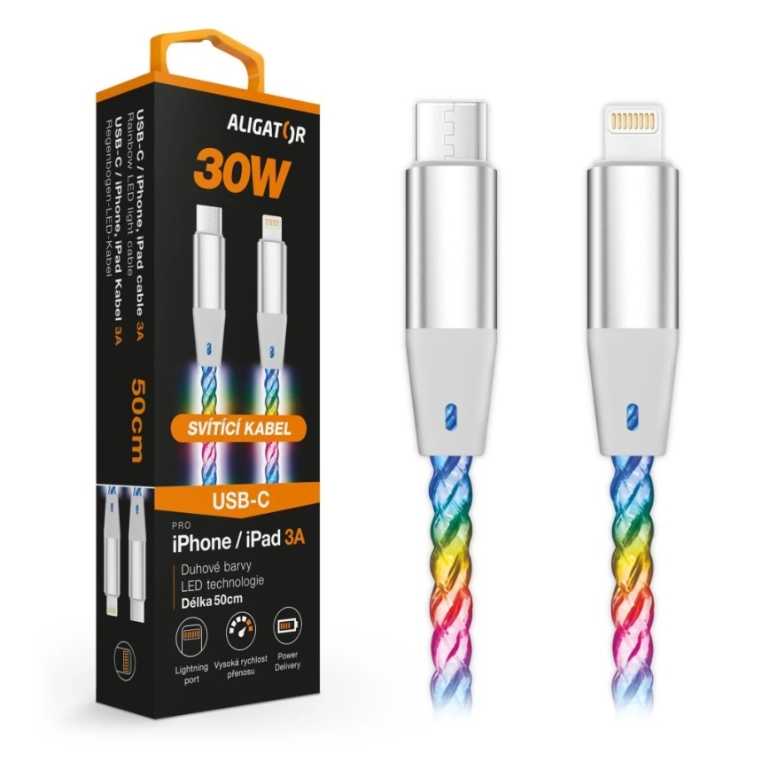 Aligator DATKP65 - USB kabel USB-C / Lightning z LED osvetlitvijo 30W Power Delivery 0,5m