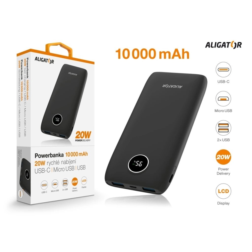 Aligator PBPD10BK - Powerbanka z LCD zaslonom Power Delivery 10000 mAh/20W/3,7V črna
