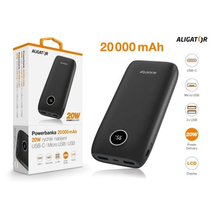 Aligator PBPD20BK - Powerbanka z LCD zaslonom Power Delivery 20000 mAh/20W/3,7V črna