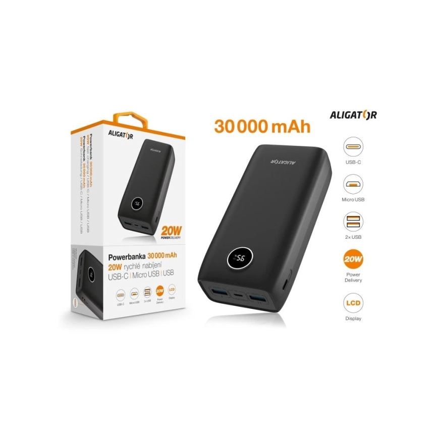 Aligator PBPD30BK - Powerbank z LCD-zaslonom Power Delivery 30000 mAh/20W/3,7V črna