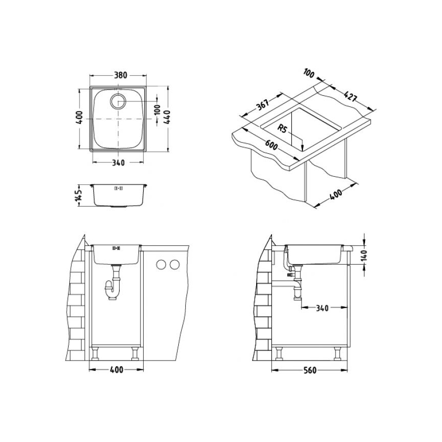 ALVEUS 1082195 - Kuhinjsko pomivalno korito BASIC 44x38 cm, nerjaveče jeklo, satinirana površina, velik odtok