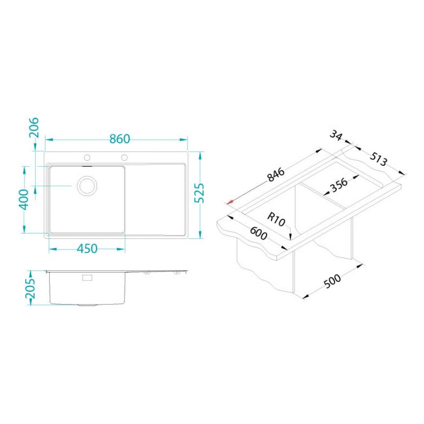 ALVEUS 1103652 - Kuhinjsko korito PURE 86x52,5 cm satin, levo