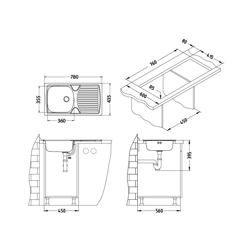 ALVEUS - Kuhinjsko korito BASIC 78x43,5 cm matno nerjavno jeklo (satin) + kuhinjska armatura VIOLA 36,7 cm brušeno nerjavno jeklo