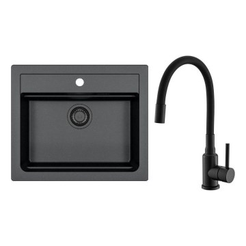 ALVEUS SETA23228 - Kuhinjsko korito ATROX 59x50 cm + kuhinjska armatura z fleksibilnim izlivom MINTAS 34 cm v granitu, mat črne barve