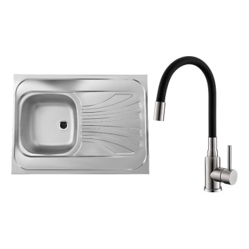 ALVEUS SETA24019 - Kuhinjsko pomivalno korito CLASSIC 80x60 cm + kuhinjska pipa z gibljivim izlivom MINTAS 34 cm bruseno jeklo/črna