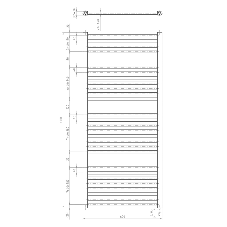 Aqualine - Kopalniški električni radiator DIRECT-E 600W/230V 132 cm mat črna ravna