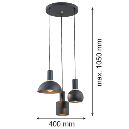Argon 1472 - Lestenec na vrvici SINES 3xE27/15W/230V črna