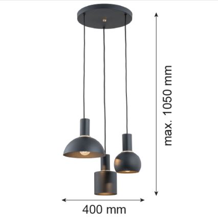 Argon 1472 - Lestenec na vrvici SINES 3xE27/15W/230V črna