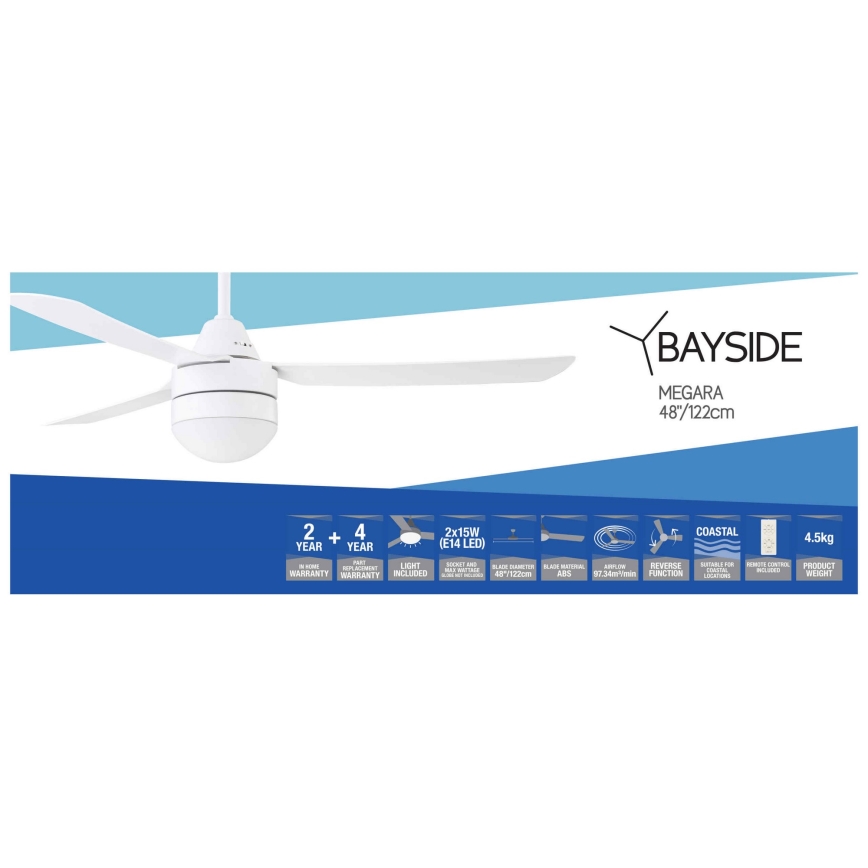 BAYSIDE 531016 - Stropni ventilator MEGARA 2xE14/15W/230V bela + Daljinski upravljalnik