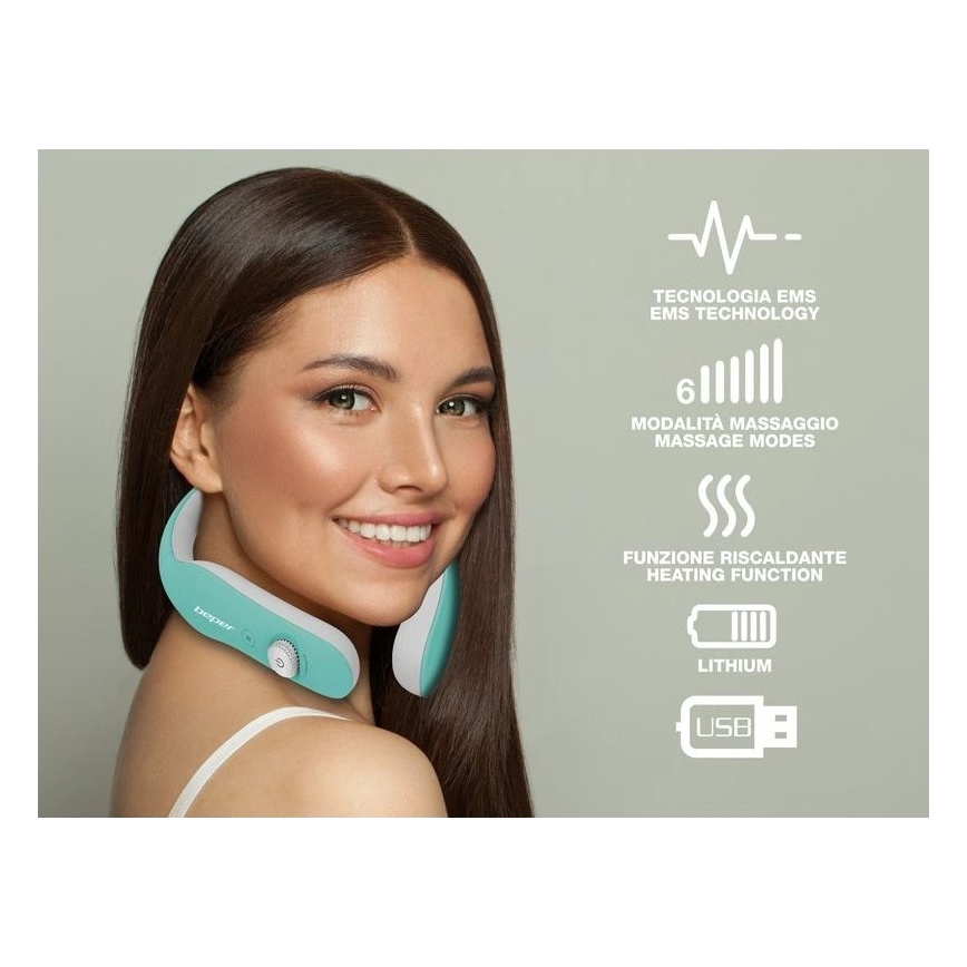 Beper - Polnilna masažna naprava za vrat z EMS, 5V/900 mAh, mentolne barve