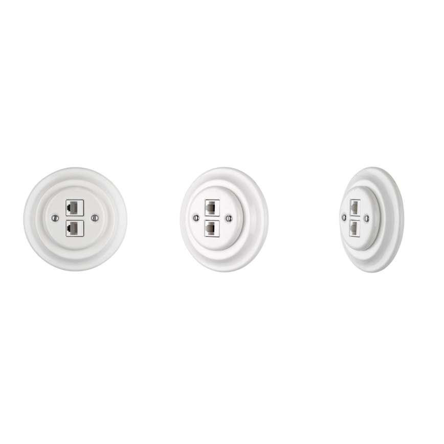 Bohemia-Design - Porcelanasta retro Ethernet vtičnica z okvirjem 2x CAT.5E bela