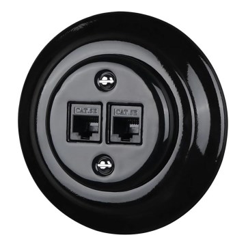 Bohemia-Design - Porcelanasta retro Ethernet vtičnica z okvirjem, 2x CAT5e, črna