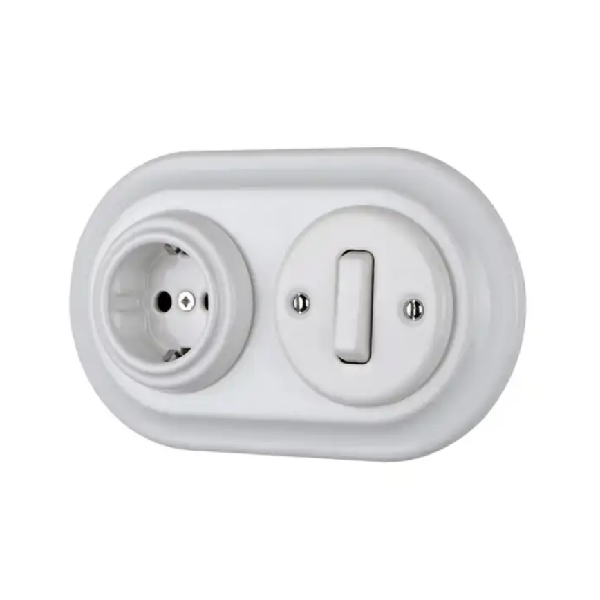 Bohemia-Design - Porcelanasta retro stenska vtičnica brez okvirja 250V/16A, bela