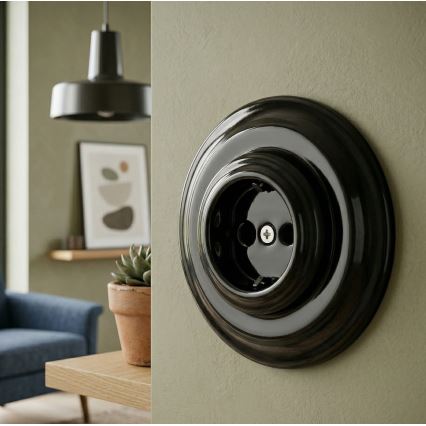 Bohemia-Design - Porcelanasta retro stenska vtičnica z okvirjem SCHUKO 250V/16A črna