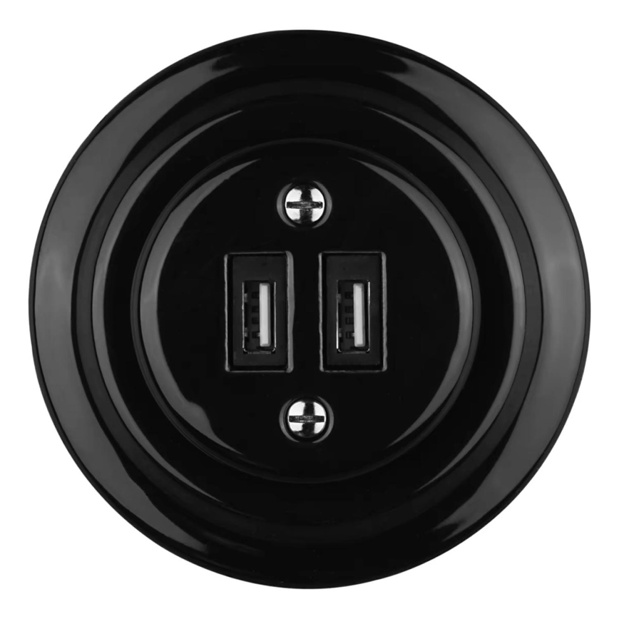 Bohemia-Design - Porcelanasta retro USB napajalna vtičnica z okvirjem 2xUSB-A črna