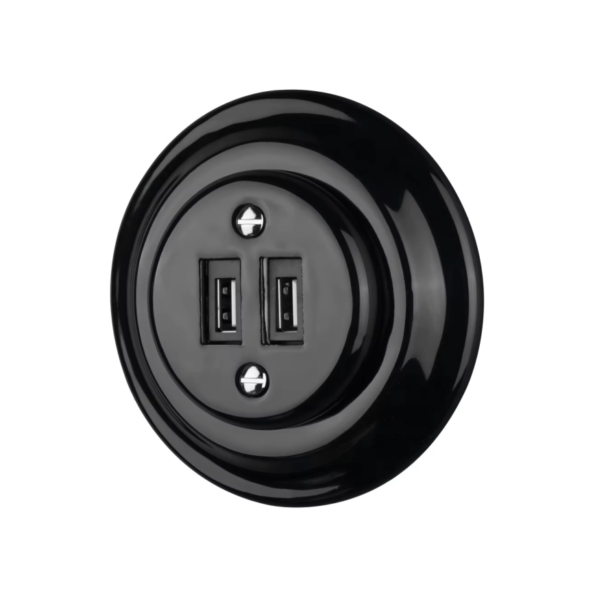 Bohemia-Design - Porcelanasta retro USB napajalna vtičnica z okvirjem 2xUSB-A črna