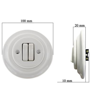 Bohemia-Design - Porcelanasto retro dvojno stikalo z okvirjem, št. 6+6, belo