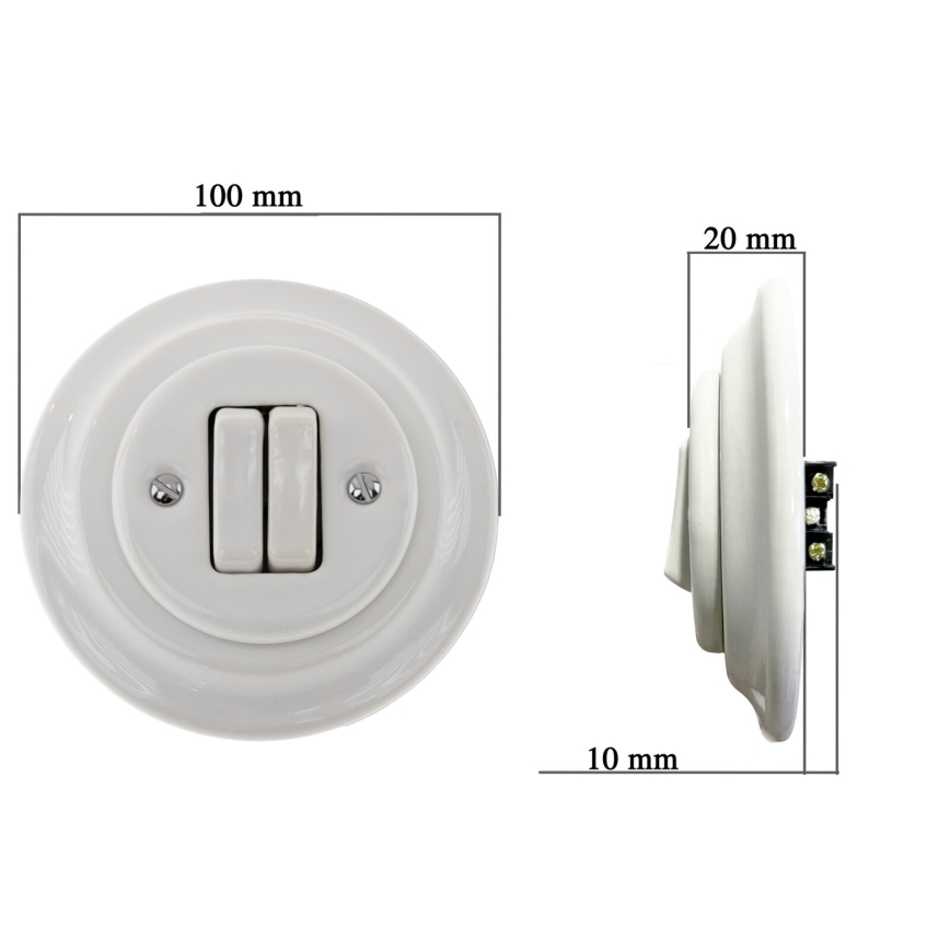 Bohemia-Design - Porcelanasto retro dvojno stikalo z okvirjem, št. 6+6, belo