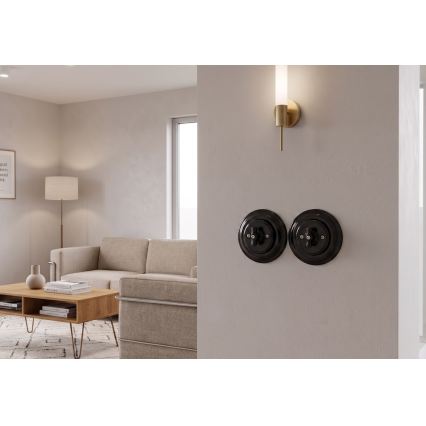 Bohemia-Design - Porcelanasto retro vrtljivo stikalo z okvirjem št. 1, črne barve