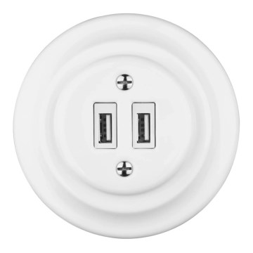 Bohemia-Design - Retro porcelanasta USB napajalna vtičnica z okvirjem 2x USB-A, bela