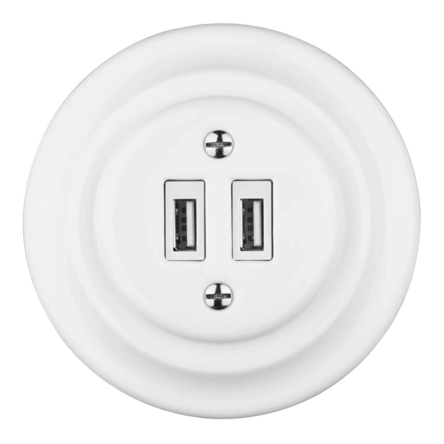 Bohemia-Design - Retro porcelanasta USB napajalna vtičnica z okvirjem 2x USB-A, bela