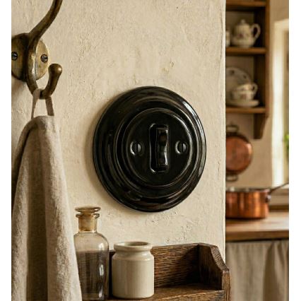 Bohemia-Design - Retro porcelanasto enopolno stikalo z okvirjem, za zvonec, v črni barvi