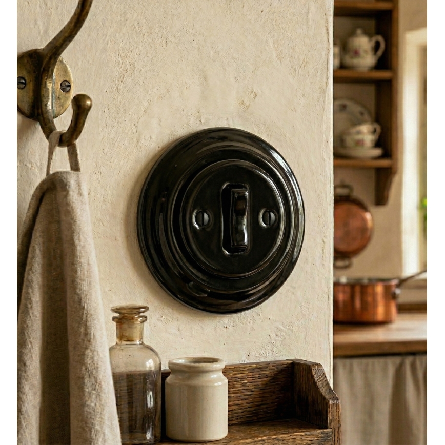 Bohemia-Design - Retro porcelanasto enopolno stikalo z okvirjem, za zvonec, v črni barvi