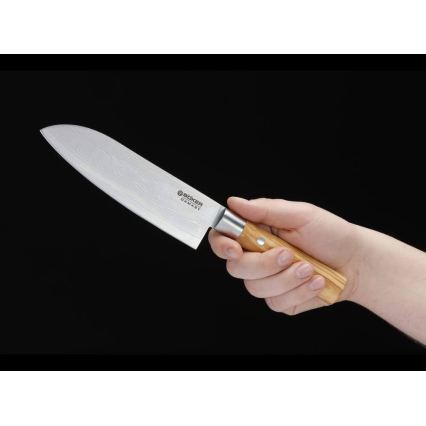 Böker - Damaskovski kuhinjski nož santoku DAMAST OLIVE 17,2 cm oljčni les