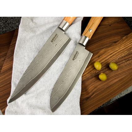 Böker - damastni kuhinjski nož DAMAST OLIVE 21,2 cm, ročaj iz olivnega lesa