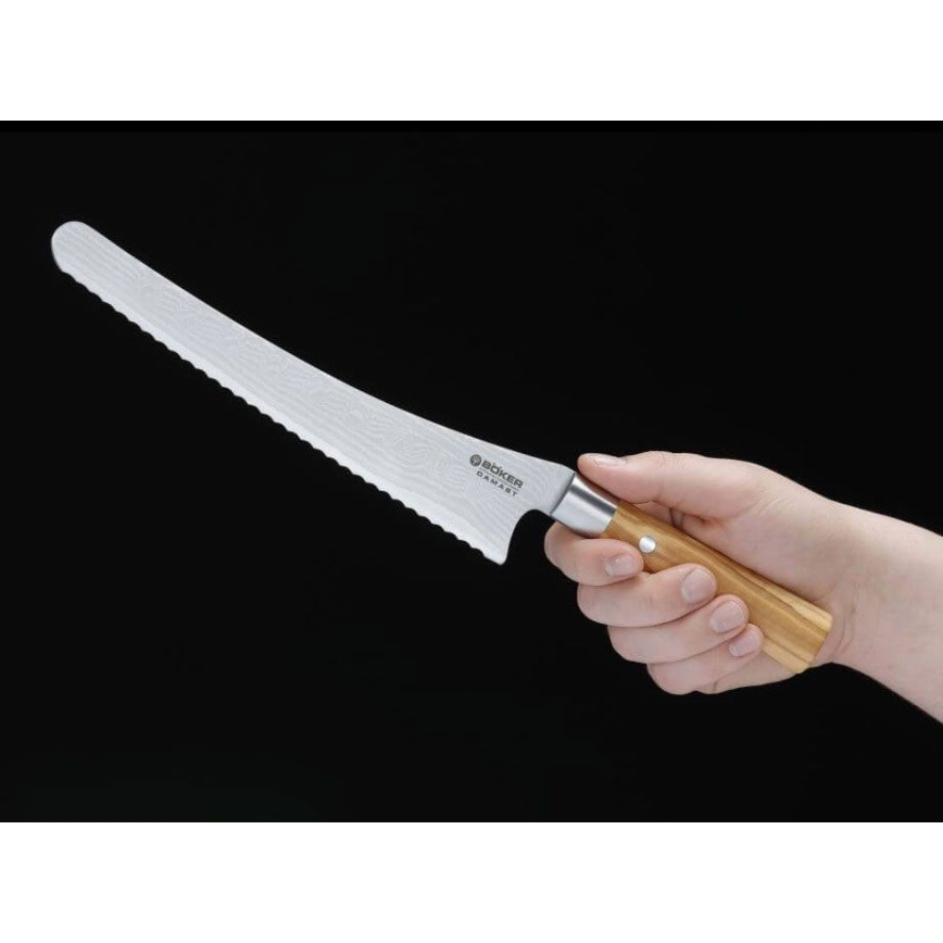 Böker - damastni kuhinjski nož za kruh DAMAST OLIVE 23,5 cm iz oljčnega lesa