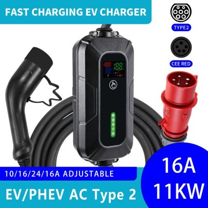 Brilagi - EV potovalna polnilna postaja za električne avtomobile FAST AC Tip 2 16A/380V 11kW + vtičnica 230V, 3,7kW 5m + case