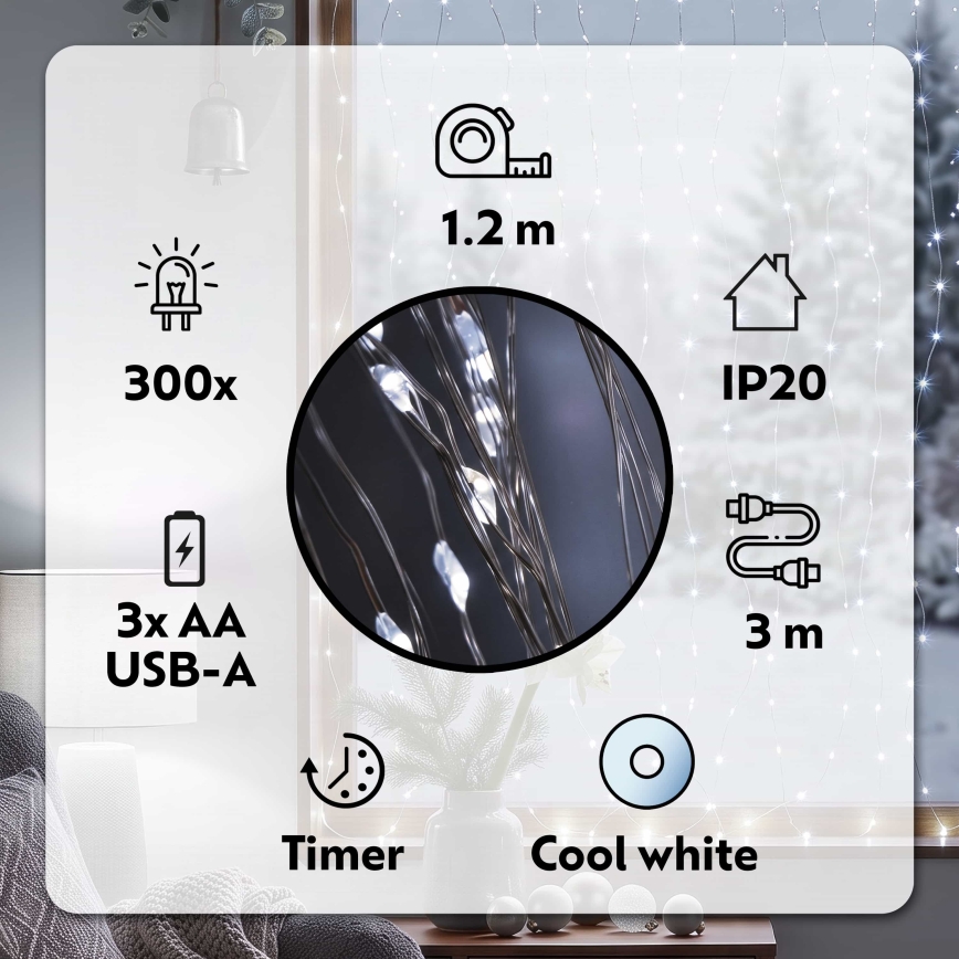 BRILAGI - LED Božična zavesa 300xLED/8 funkcij/3xAA/USB 1,2m hladna bela