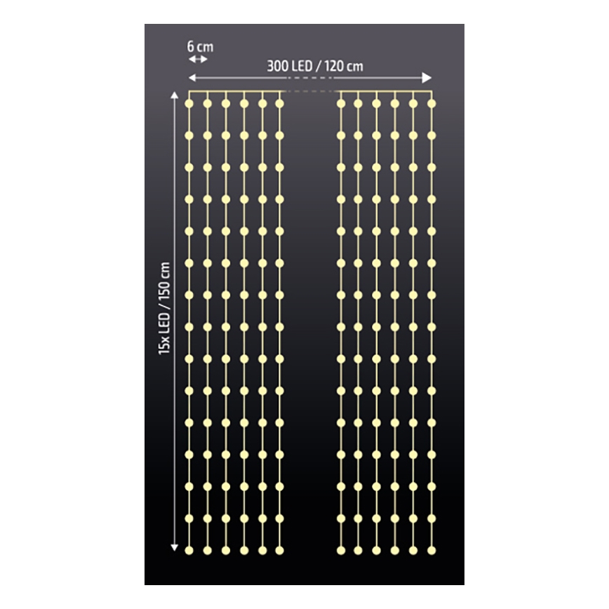 Brilagi - LED Božična zavesa 300xLED/8 funkcij/3xAA/USB 1,2m topla bela