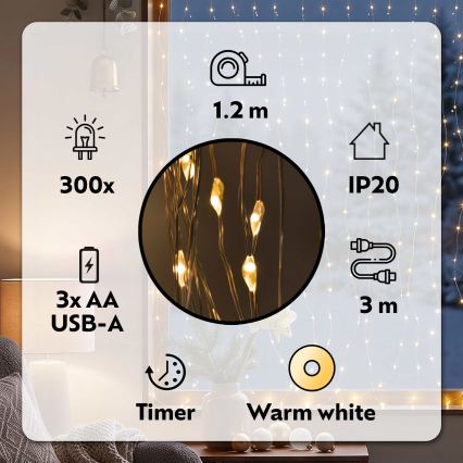 BRILAGI - LED božična zavesa 300xLED/8 funkcij/3xAA/USB 1,2m topla bela