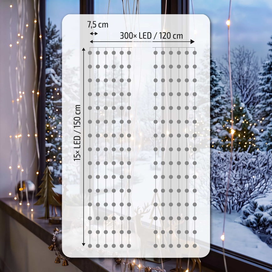 BRILAGI - LED božična zavesa 300xLED/8 funkcij/3xAA/USB 1,2m topla bela