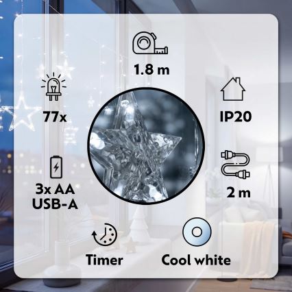 BRILAGI - LED Božična zavesa 77xLED/3xAA/USB 1,8m hladna bela