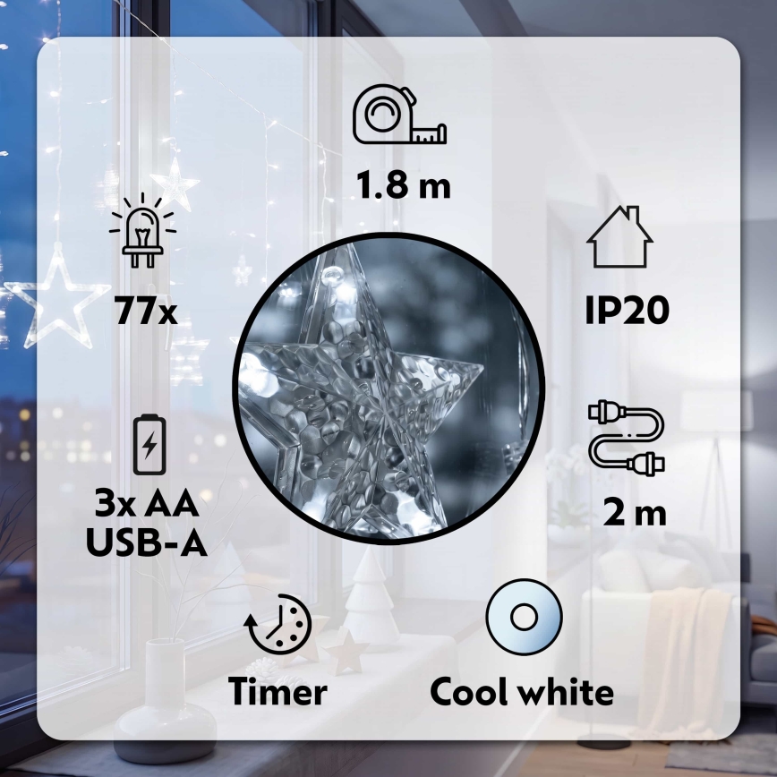 BRILAGI - LED Božična zavesa 77xLED/3xAA/USB 1,8m hladna bela