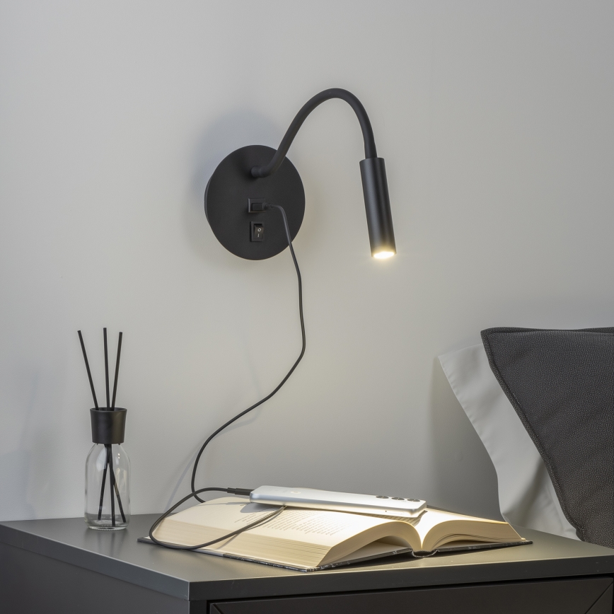 Brilagi - LED Fleksibilna stenska svetilka z USB priključkom MAYA LED/3W/230V 4000K črna