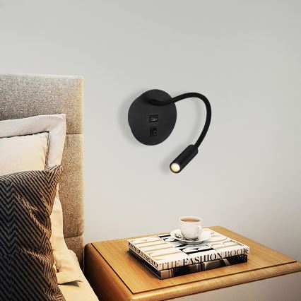 Brilagi - LED Fleksibilna stenska svetilka z USB priključkom MAYA LED/3W/230V 4000K črna