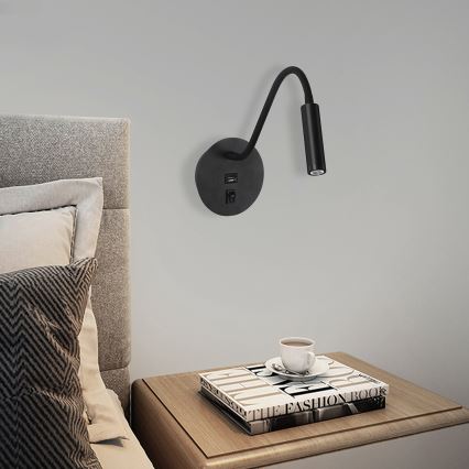 Brilagi - LED Fleksibilna stenska svetilka z USB priključkom MAYA LED/3W/230V 4000K črna